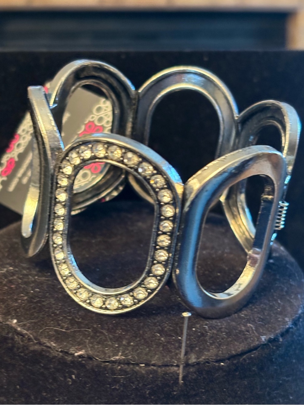 Gunmetal Oval Stretch Bracelet with Crystal Accents